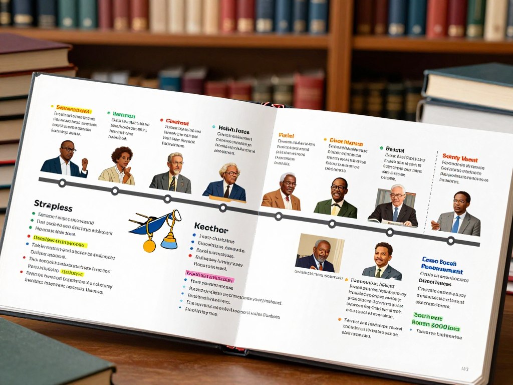 A visually appealing timeline-based revision notes layout for History and Social Studies, prominently featuring a central timeline that displays major historical events and social movements through illustrated icons. The foreground showcases organized notes with highlighted keywords and colorful bullet points, allowing for easy identification. In the middle ground, dynamic images of influential figures from history, such as civil rights leaders and political icons, are strategically placed along the timeline to create a cohesive narrative. The background fades into an academic setting with bookshelves filled with history textbooks, soft warm lighting enhancing the scholarly mood. The angle is a slight top-down view, capturing the organized chaos of study materials, evoking a sense of productivity and intellectual engagement.