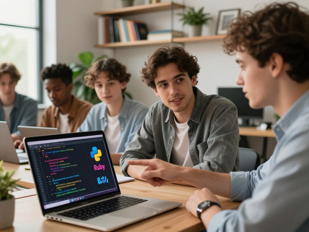 A visually engaging composition showcasing a variety of easy programming languages like Python, JavaScript, and Ruby. In the foreground, a laptop displays colorful code snippets and the logos of these languages. In the middle ground, a diverse group of beginner programmers—two individuals wearing professional attire—are collaborating, pointing at the screen and discussing ideas. The background features a cozy, modern workspace with bookshelves filled with programming books and a green plant for a touch of nature. Soft, warm lighting streams in from a nearby window, creating an inviting atmosphere that inspires learning and creativity. The overall mood is approachable and encouraging, ideal for absolute beginners exploring programming.