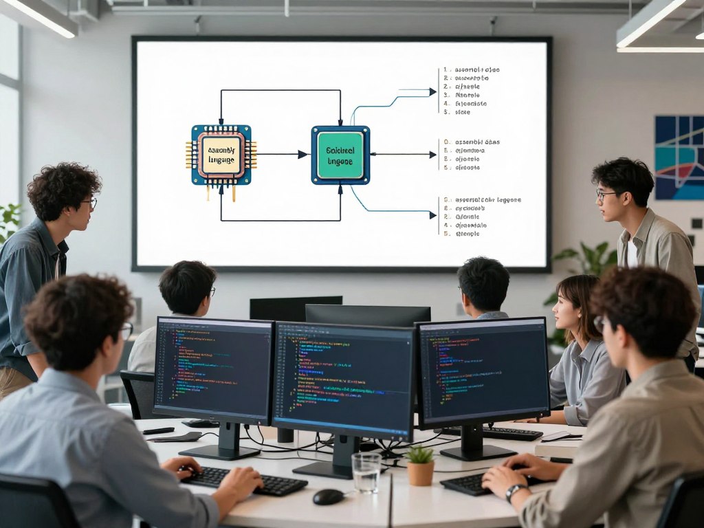 A visually engaging depiction of assembly language basics, emphasizing the connection between high-level programming and low-level architecture. In the foreground, a diverse group of professional programmers, dressed in business casual attire, are intently focused on a computer screen displaying lines of assembly code with highlighted syntax. In the middle, a large diagram illustrates the flow of data between a CPU and memory, showcasing registers and instruction sets. The background features a modern office setting with sleek desks, bright lighting, and motivational technology-themed wall art. The atmosphere is collaborative and innovative, conveying a sense of curiosity and determination to learn. Soft natural lighting enhances the productivity vibe, with a focus on clarity and detail in the programming elements. A visually engaging depiction of assembly language basics, emphasizing the connection between high-level programming and low-level architecture. In the foreground, a diverse group of professional programmers, dressed in business casual attire, are intently focused on a computer screen displaying lines of assembly code with highlighted syntax. In the middle, a large diagram illustrates the flow of data between a CPU and memory, showcasing registers and instruction sets. The background features a modern office setting with sleek desks, bright lighting, and motivational technology-themed wall art. The atmosphere is collaborative and innovative, conveying a sense of curiosity and determination to learn. Soft natural lighting enhances the productivity vibe, with a focus on clarity and detail in the programming elements.