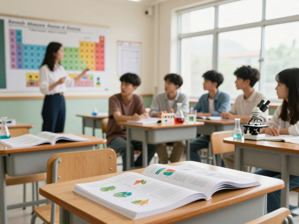 A visually engaging depiction of high school science curriculum requirements, featuring a detailed classroom setting. In the foreground, a neatly organized wooden desk with open textbooks on biology, chemistry, and physics. A teacher, wearing professional attire, gestures towards a colorful educational poster on the wall showcasing various science subjects like ecology, physics concepts, and periodic tables. In the middle ground, students, dressed in modest casual clothing, are actively engaged in discussion, surrounded by laboratory equipment like beakers and microscopes. The background features a large window allowing natural light to fill the room, creating an inviting and motivational atmosphere. The scene conveys a sense of curiosity, teamwork, and academic focus, with warm light enhancing the inviting environment. A visually engaging depiction of high school science curriculum requirements, featuring a detailed classroom setting. In the foreground, a neatly organized wooden desk with open textbooks on biology, chemistry, and physics. A teacher, wearing professional attire, gestures towards a colorful educational poster on the wall showcasing various science subjects like ecology, physics concepts, and periodic tables. In the middle ground, students, dressed in modest casual clothing, are actively engaged in discussion, surrounded by laboratory equipment like beakers and microscopes. The background features a large window allowing natural light to fill the room, creating an inviting and motivational atmosphere. The scene conveys a sense of curiosity, teamwork, and academic focus, with warm light enhancing the inviting environment.