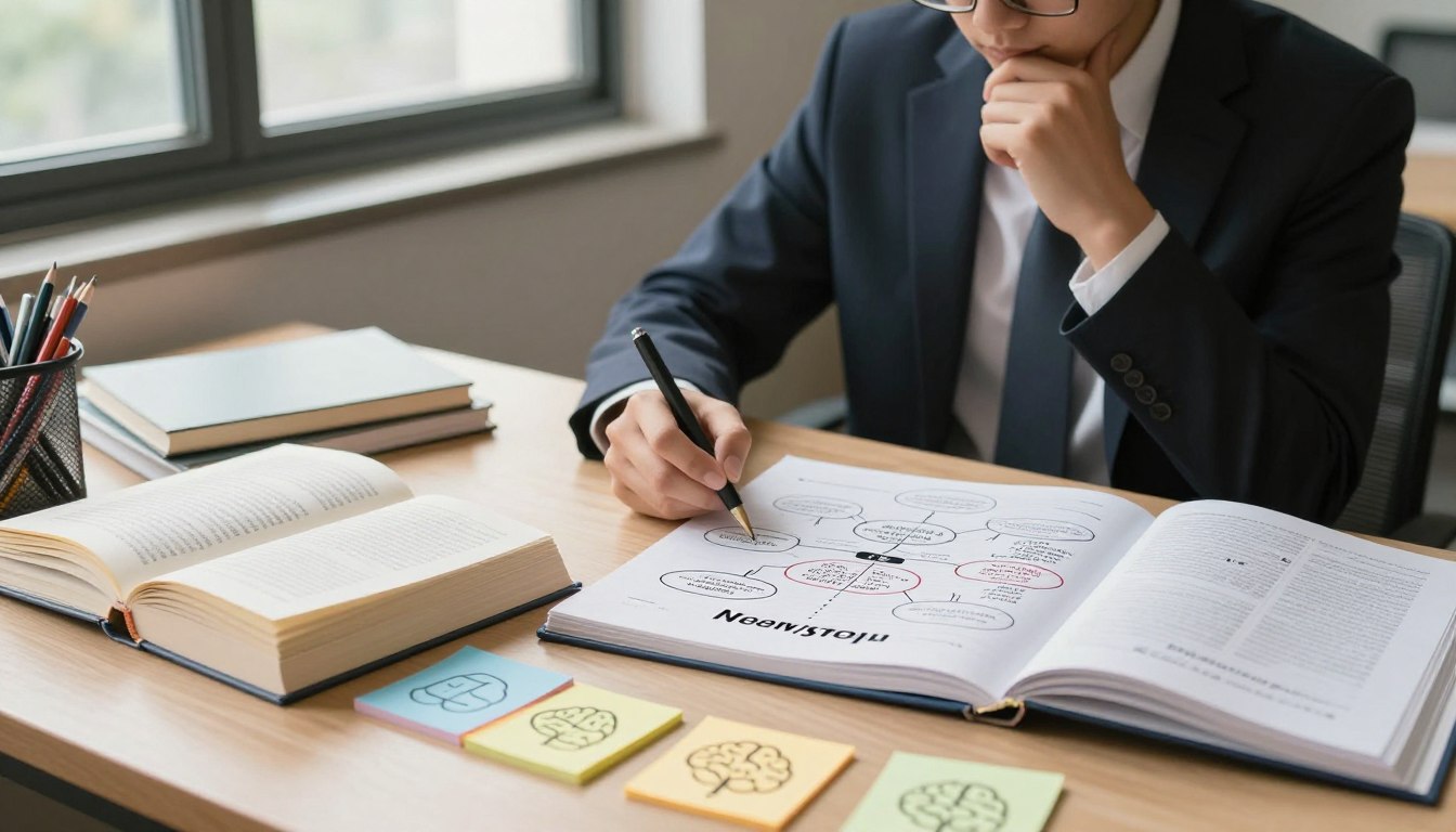 A visually engaging scene depicting memory techniques for scholarly readings. In the foreground, an organized desk with a stack of open books and colorful flashcards representing mnemonic devices, surrounded by sticky notes with brain icons. The middle ground features a thoughtful student, dressed in professional business attire, using a mind mapping technique on a large notepad, surrounded by diagrams that illustrate key concepts. In the background, large windows allow soft, natural light to illuminate the study space, enhancing the atmosphere of focus and productivity. The overall mood is one of calm determination, blending academic diligence with creative memory strategies. Soft shadows and warm tones create an inviting and inspiring environment. A visually engaging scene depicting memory techniques for scholarly readings. In the foreground, an organized desk with a stack of open books and colorful flashcards representing mnemonic devices, surrounded by sticky notes with brain icons. The middle ground features a thoughtful student, dressed in professional business attire, using a mind mapping technique on a large notepad, surrounded by diagrams that illustrate key concepts. In the background, large windows allow soft, natural light to illuminate the study space, enhancing the atmosphere of focus and productivity. The overall mood is one of calm determination, blending academic diligence with creative memory strategies. Soft shadows and warm tones create an inviting and inspiring environment.