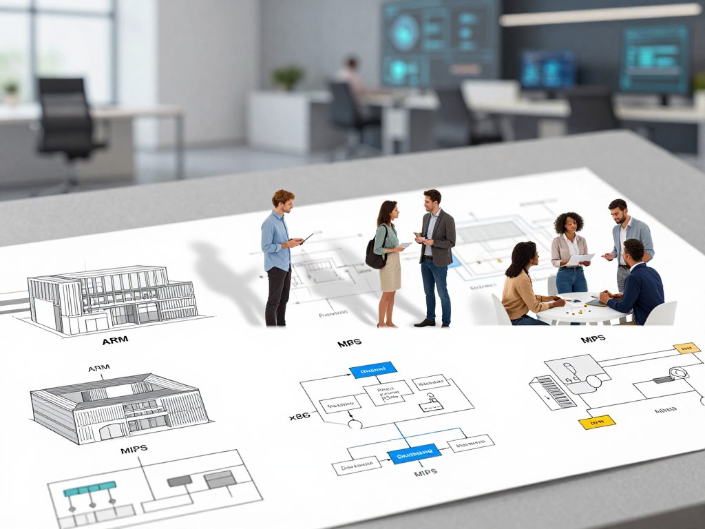 A visually striking comparison of various assembly architectures, featuring a sleek and modern design layout. In the foreground, display a range of architectural diagrams, each representing different assembly languages like ARM, x86, and MIPS, with labeled blocks and flowcharts. In the middle ground, include subtle silhouettes of diverse, engaged professionals in smart casual attire, discussing and analyzing the diagrams. The background should be a blurred tech-inspired workspace, with soft, diffused lighting casting gentle shadows, creating a focused atmosphere. The angle should be slightly overhead, enriching the depth of the image. The mood is analytical and progressive, inviting viewers into the intricate world of assembly language programming. A visually striking comparison of various assembly architectures, featuring a sleek and modern design layout. In the foreground, display a range of architectural diagrams, each representing different assembly languages like ARM, x86, and MIPS, with labeled blocks and flowcharts. In the middle ground, include subtle silhouettes of diverse, engaged professionals in smart casual attire, discussing and analyzing the diagrams. The background should be a blurred tech-inspired workspace, with soft, diffused lighting casting gentle shadows, creating a focused atmosphere. The angle should be slightly overhead, enriching the depth of the image. The mood is analytical and progressive, inviting viewers into the intricate world of assembly language programming.
