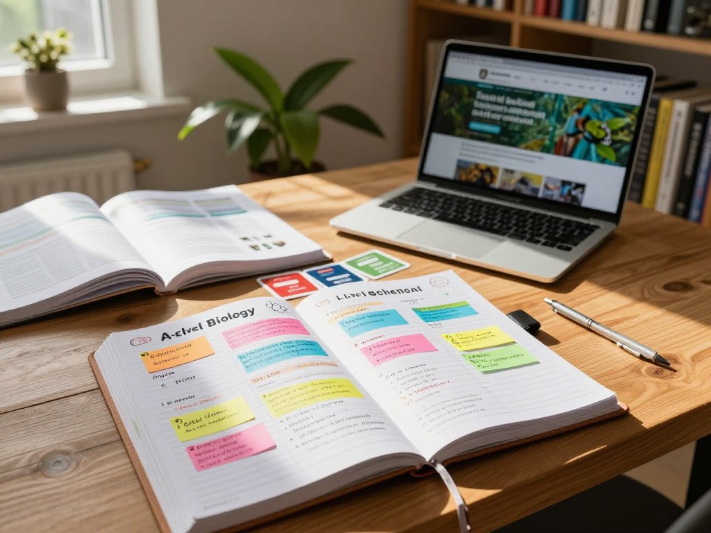 A well-organized A-Level Biology study schedule laid out on a wooden table, with an inviting, sunlit study area in a cozy room. The foreground features an open planner filled with colorful sticky notes and neatly written study sessions covering various biology topics, such as cell biology, genetics, and ecology. In the middle, there are study materials like textbooks, flashcards, and a laptop showing a biology-related website. The background includes a plant and a bookshelf filled with educational resources, adding warmth to the environment. Soft natural lighting pours in through a nearby window, casting gentle shadows and creating an inspiring, focused atmosphere for studying. The scene conveys motivation and clarity, perfect for an educational context.