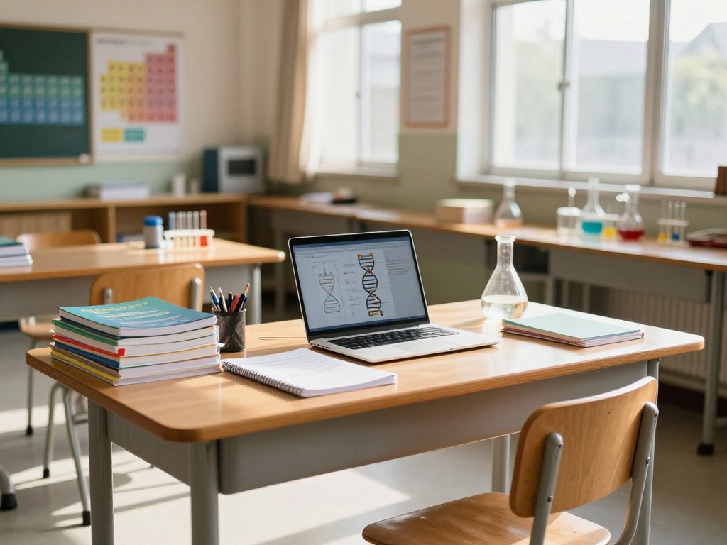 A well-organized science study environment set in a bright, inviting high school classroom. In the foreground, a tidy wooden desk is equipped with neatly stacked science textbooks, colorful notebooks, and an open laptop displaying diagrams of DNA. A comfortable chair, slightly angled, suggests a place for active engagement. In the middle ground, shelves lined with laboratory equipment, glass beakers, and periodic table posters enhance the educational atmosphere. The background features large windows with sunlight streaming in, creating a warm, productive light. Soft shadows accentuate the desk and chair, while gentle, natural colors radiate a sense of calm and focus. The overall mood is one of motivation and opportunity, ideal for effective learning. A well-organized science study environment set in a bright, inviting high school classroom. In the foreground, a tidy wooden desk is equipped with neatly stacked science textbooks, colorful notebooks, and an open laptop displaying diagrams of DNA. A comfortable chair, slightly angled, suggests a place for active engagement. In the middle ground, shelves lined with laboratory equipment, glass beakers, and periodic table posters enhance the educational atmosphere. The background features large windows with sunlight streaming in, creating a warm, productive light. Soft shadows accentuate the desk and chair, while gentle, natural colors radiate a sense of calm and focus. The overall mood is one of motivation and opportunity, ideal for effective learning.