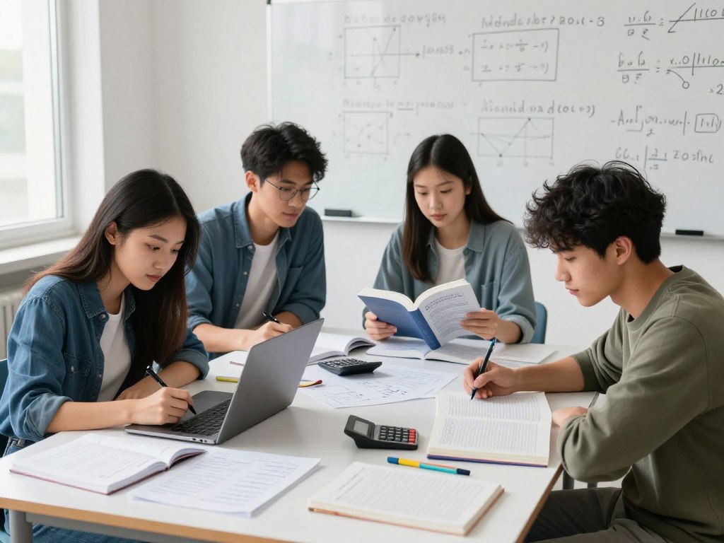 A well-organized study area featuring a diverse group of four university students engaged in study for STEM exams. In the foreground, a focused female student in smart casual attire is writing notes on a laptop, while a male student nearby reviews textbooks. In the middle ground, two students share a large table cluttered with STEM materials like scientific calculators, notebooks, and colored markers. The background shows a whiteboard filled with complex equations and diagrams, hinting at the challenging nature of STEM subjects. Soft, natural lighting streams through a window, creating a bright and encouraging study atmosphere. The overall mood is one of teamwork and determination, embodying the essence of overcoming the unique challenges of STEM examinations.
