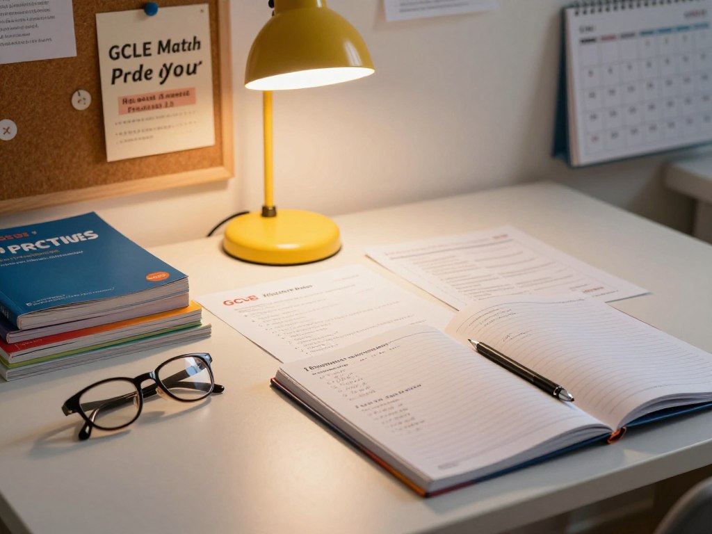 A well-organized study desk focuses on GCSE Maths practice exercises, featuring a variety of exam-style questions on neatly arranged sheets. In the foreground, a pair of glasses rests beside a colorful stack of math textbooks, while a mechanical pencil lies on an open notebook filled with neat calculations. The middle ground shows a vibrant study lamp casting warm light, enhancing the cozy, focused atmosphere. Soft shadows create depth on the desk's surface. In the background, a simple bulletin board is tacked with motivational math quotes and a calendar, adding an academic flair. The overall mood is one of concentration and productivity, set in a softly lit room with a slight focus depth, invoking a sense of urgency to master math skills before the exam.