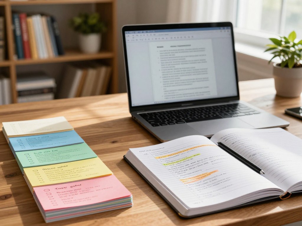 A well-organized study guide structure laid out on a wooden desk in a cozy study space. The foreground features a neatly arranged stack of colorful index cards, each representing different topics, alongside an open notebook filled with handwritten notes and highlighted passages. The middle ground displays a laptop with a partially visible outline of a study guide on the screen, reflecting a digital approach. In the background, a bookshelf filled with educational books and plants creates a warm, inviting atmosphere. Soft, natural light filters through a window, casting gentle shadows across the scene. The overall mood conveys focus, productivity, and a sense of academic ambition.