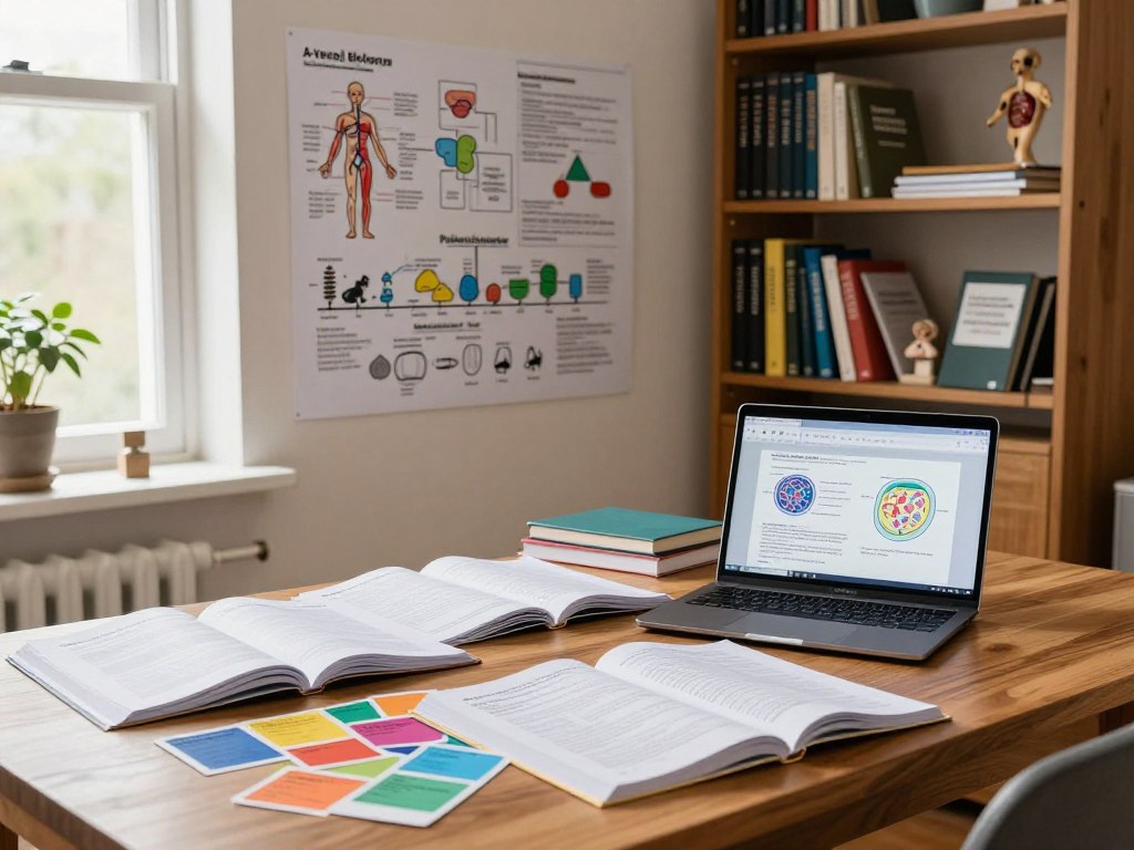 A well-organized study space depicting A-Level Biology resources. In the foreground, a polished wooden desk cluttered with open past paper booklets, vibrant colored flashcards, and a laptop displaying a digital study guide with diagrams of cell structures. In the middle, a large wall covered in detailed biology charts, such as the human circulatory system, photosynthesis processes, and a timeline of evolutionary biology, all well-lit with natural daylight streaming in through a nearby window. The background features a bookshelf filled with biology textbooks, notebooks, and anatomical models. The mood is focused and scholarly, embodying a sense of strategic preparation for examinations, with a warm, inviting atmosphere. The image should have soft, diffused lighting to enhance the study environment, creating an inspirational setting for studying.
