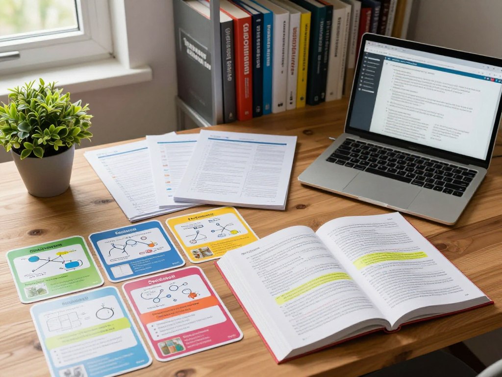 A well-organized study space featuring science study guides laid out on a wooden desk. In the foreground, there are colorful flashcards on biology, chemistry, and physics, open textbooks with highlighted passages, and a laptop displaying a digital study platform. In the middle ground, a neatly arranged stack of annotation sheets and a potted plant add a touch of nature. The background showcases a bookshelf filled with reference books on various scientific topics. Soft, natural lighting streams in through a nearby window, creating a warm and inviting atmosphere. The scene is shot from a slight overhead angle to capture all elements clearly, emphasizing the structured approach to learning and the importance of effective study materials for science subjects.