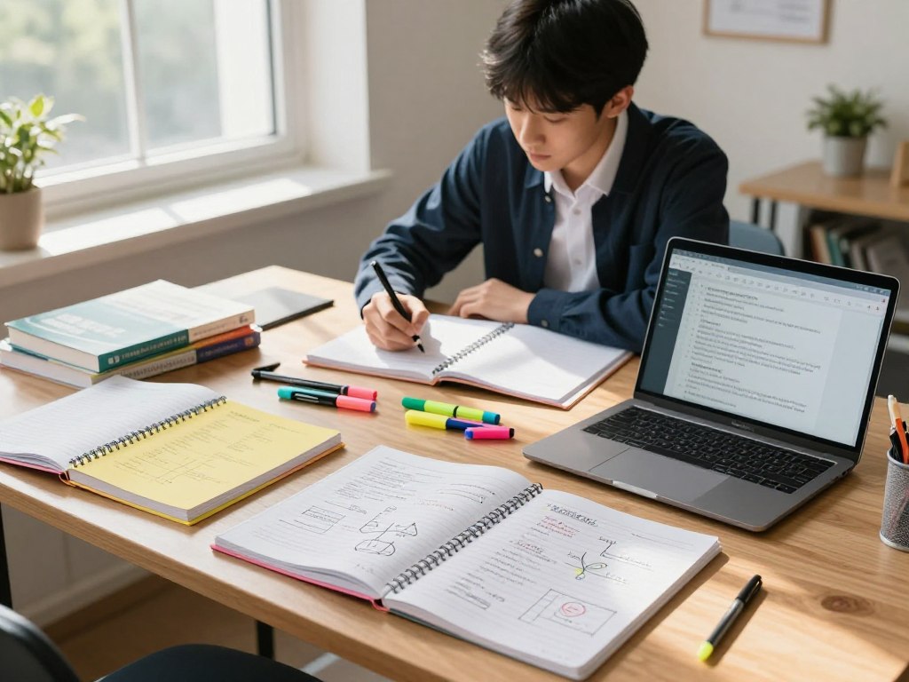 A well-organized study space featuring various active note-taking techniques tailored for science subjects. In the foreground, a stylish wooden desk displays color-coded notebooks, highlighters, and a laptop open to a digital note-taking app. Visible notes illustrate concepts like diagrams, mind maps, and charts related to biology, chemistry, and physics. In the middle, a thoughtful high school student, dressed in smart casual attire, is intently focused on taking notes, surrounded by educational materials, like textbooks and reference sheets. In the background, a bright window allows natural light to flood the room, casting soft shadows. The atmosphere is inspiring and productive, evoking a sense of motivation and clarity, perfect for studying and mastering science subjects. A well-organized study space featuring various active note-taking techniques tailored for science subjects. In the foreground, a stylish wooden desk displays color-coded notebooks, highlighters, and a laptop open to a digital note-taking app. Visible notes illustrate concepts like diagrams, mind maps, and charts related to biology, chemistry, and physics. In the middle, a thoughtful high school student, dressed in smart casual attire, is intently focused on taking notes, surrounded by educational materials, like textbooks and reference sheets. In the background, a bright window allows natural light to flood the room, casting soft shadows. The atmosphere is inspiring and productive, evoking a sense of motivation and clarity, perfect for studying and mastering science subjects.