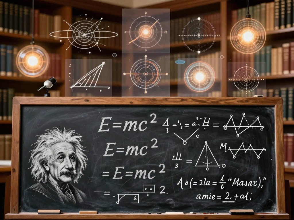 An intricate arrangement of physics formulas and principles illustrated in an elegant, educational style. In the foreground, a vintage chalkboard displays iconic equations like Einstein's E=mc² and Newton's laws, with beautifully drawn diagrams illustrating concepts like gravity and electromagnetism. The middle ground features translucent overlays of various physical principles, such as wave-particle duality and thermodynamics, blending harmoniously with the formulas. The background shows a softly lit library setting, filled with physics textbooks and glowing orbs of light representing concepts like energy and motion. The image has a warm, inspiring ambiance, evoking a sense of curiosity and understanding, captured with a slightly blurred depth of field to focus on the details in the foreground.
