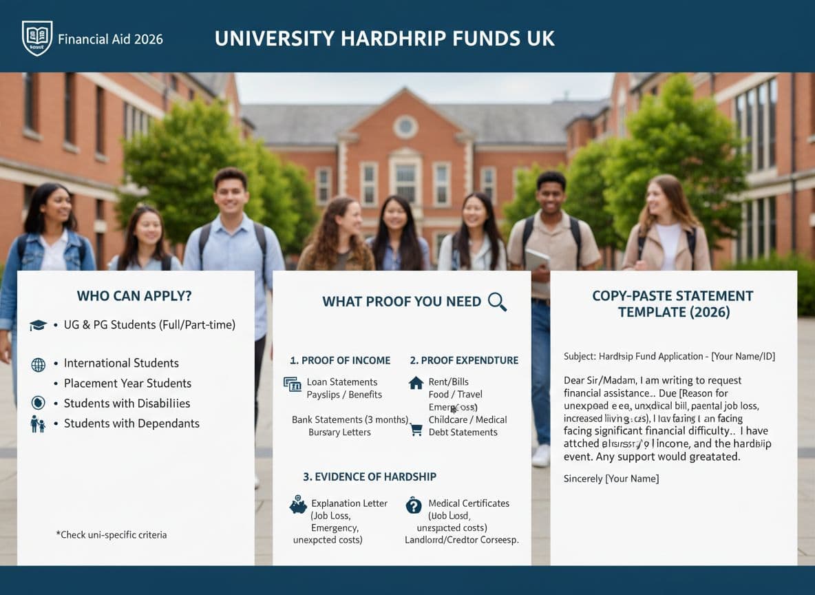 Infographic detailing UK university hardship funds, including who can apply, required proof documents, and a copy-paste personal statement template for 2026 applications. Full edge-to-edge visual without borders or letterboxing.