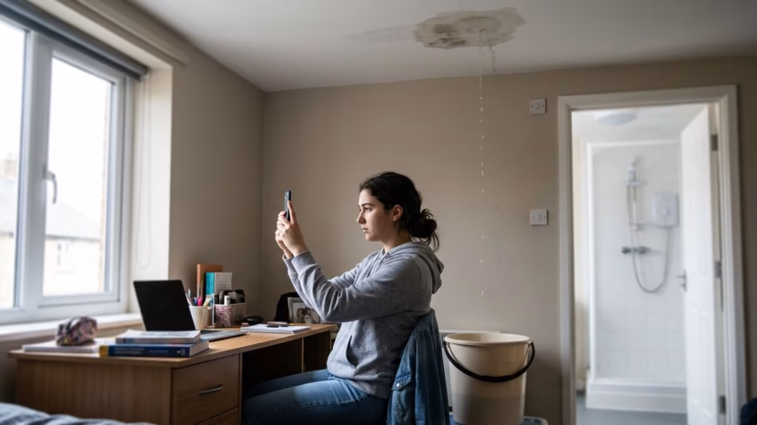 A student photographs a leaking ceiling beside a bucket in a bedroom.