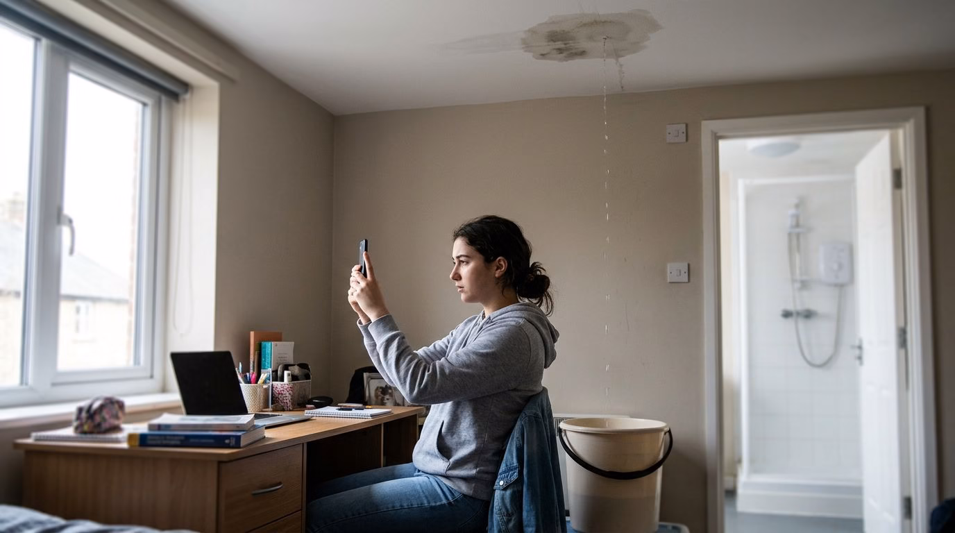A student photographs a leaking ceiling beside a bucket in a bedroom.