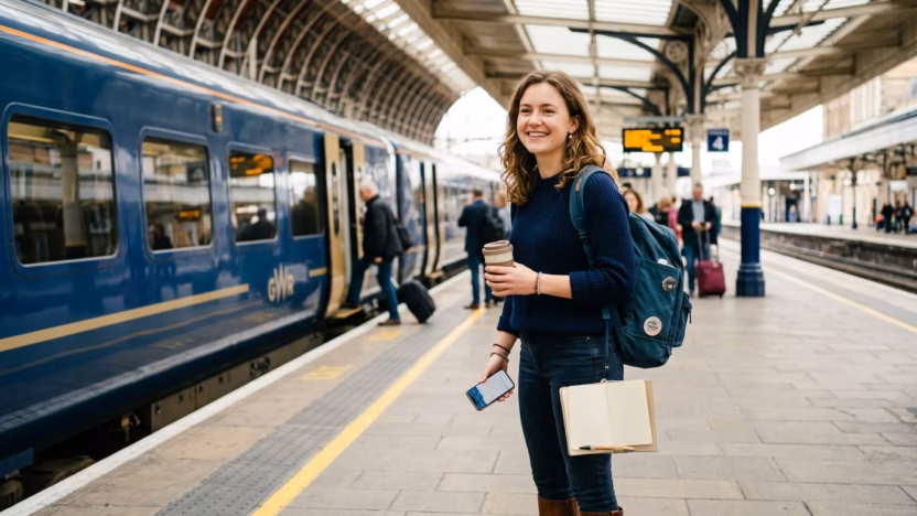 A student with a backpack checks a phone beside a modern train.