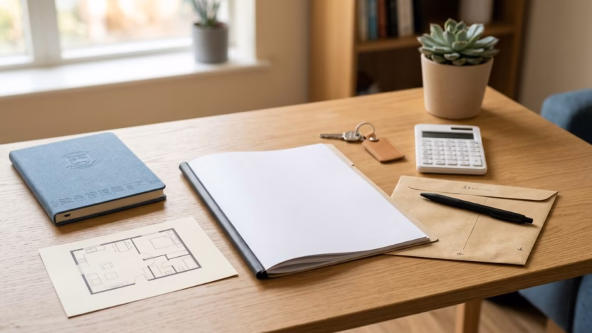 Rental papers, keys, calculator, and an apartment floor plan arranged on a desk.