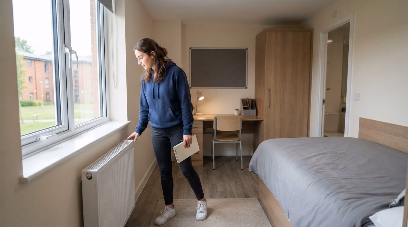 A student checks a tidy university bedroom with a window, radiator, bed, desk, and wardrobe.