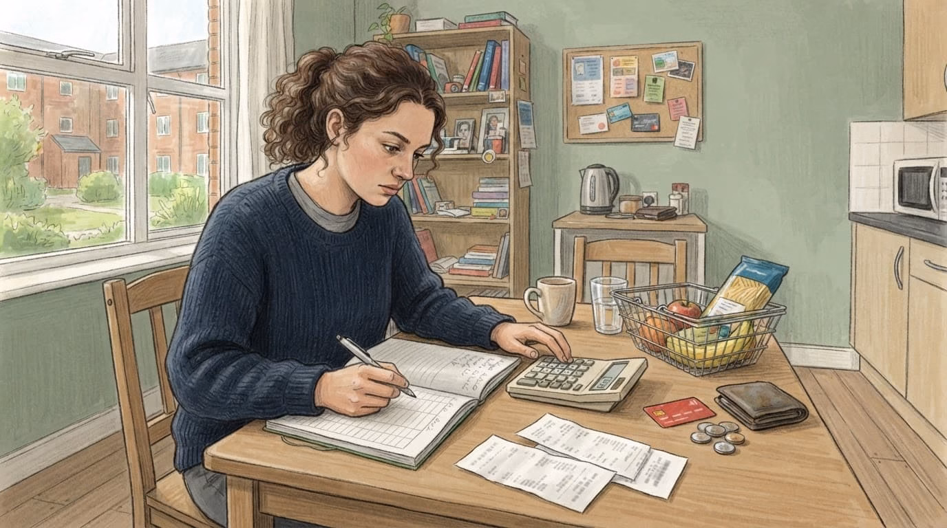 A student compares receipts, groceries, a travel card, and a calculator at a kitchen table.