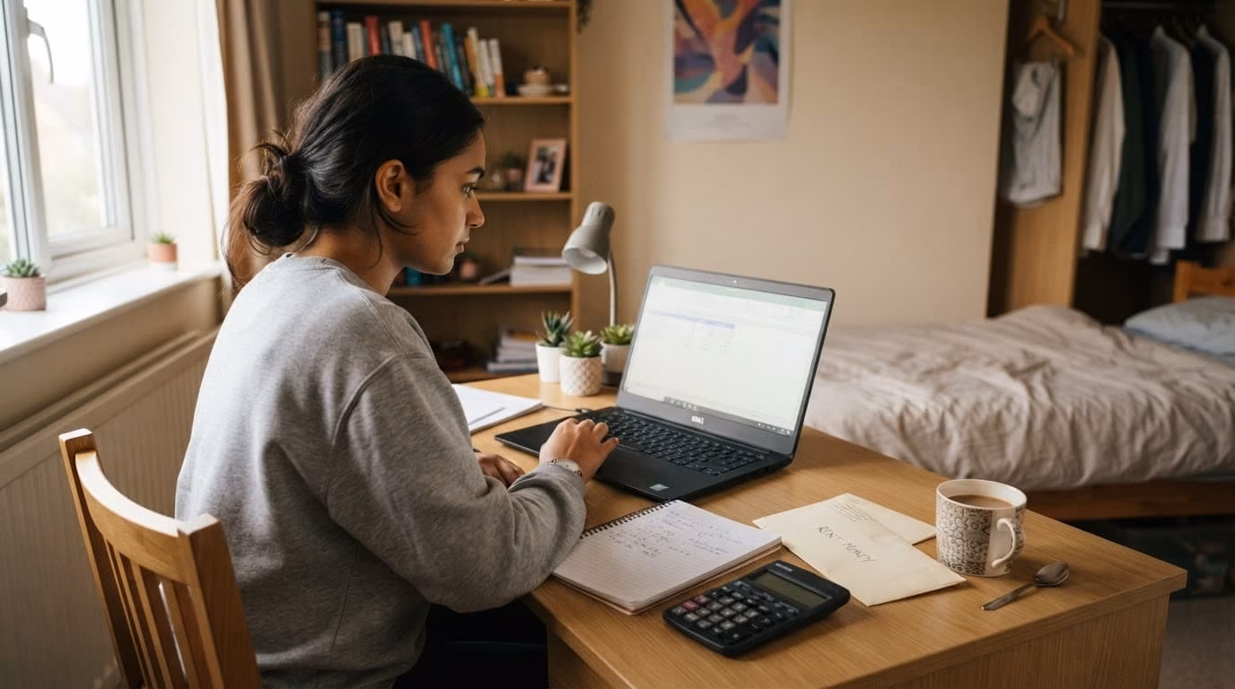 Student reviewing a budget on a laptop beside a notebook and calculator.