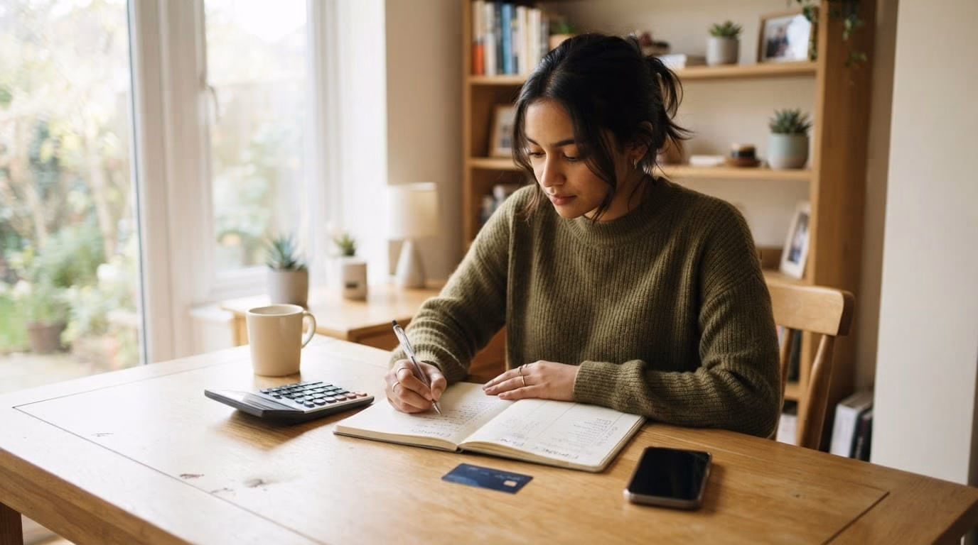 A student organises a budget with a notebook, calculator, bank card, and phone.