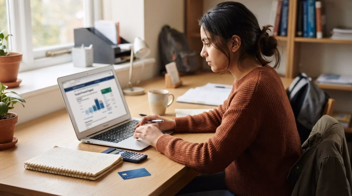 University student checking blurred funding details on a laptop beside a calculator and bank card.
