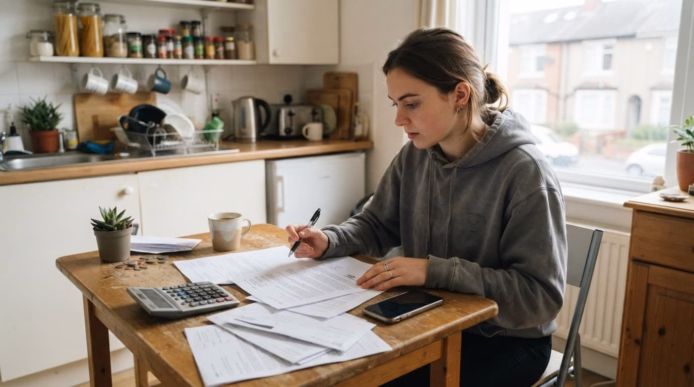 A student reviews household costs with bills, a phone, and calculator at a kitchen table.