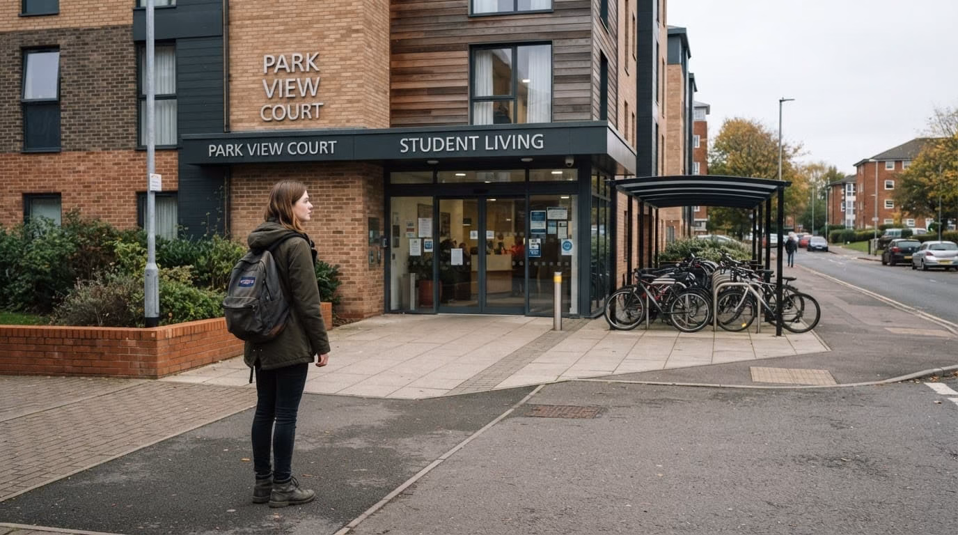 A student with a backpack examines a university accommodation entrance and cycle storage.