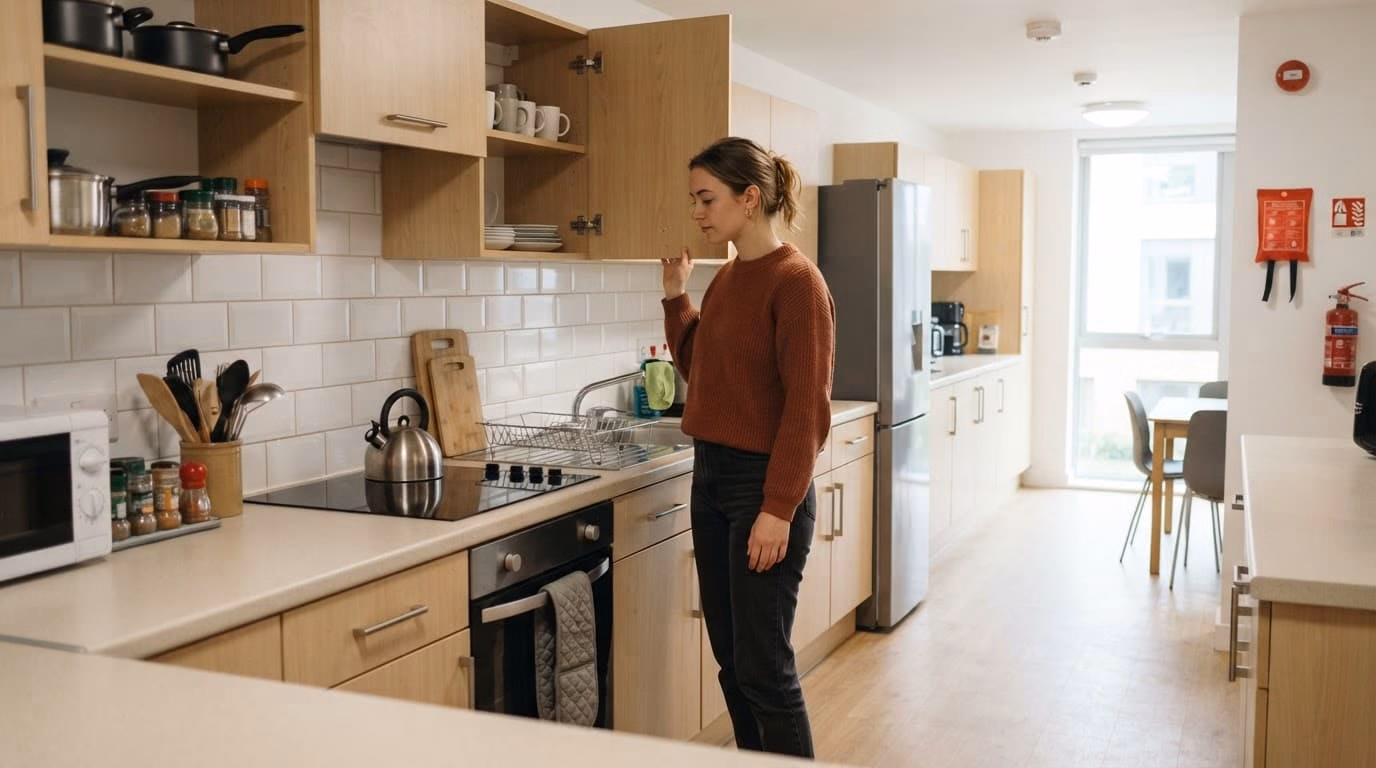 A student checks cupboards and appliances in a bright shared kitchen.