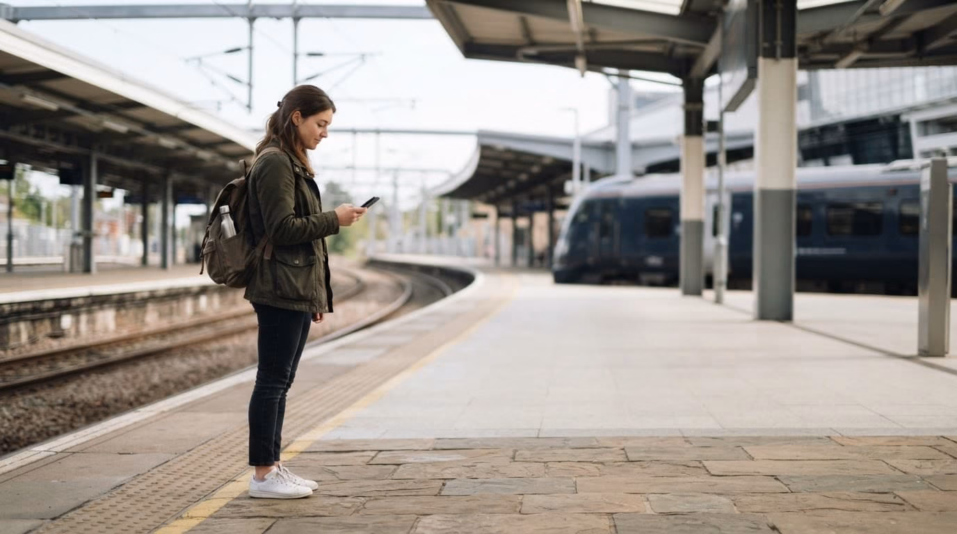 A student checks a phone beside a British railway platform with a backpack and water bottle.