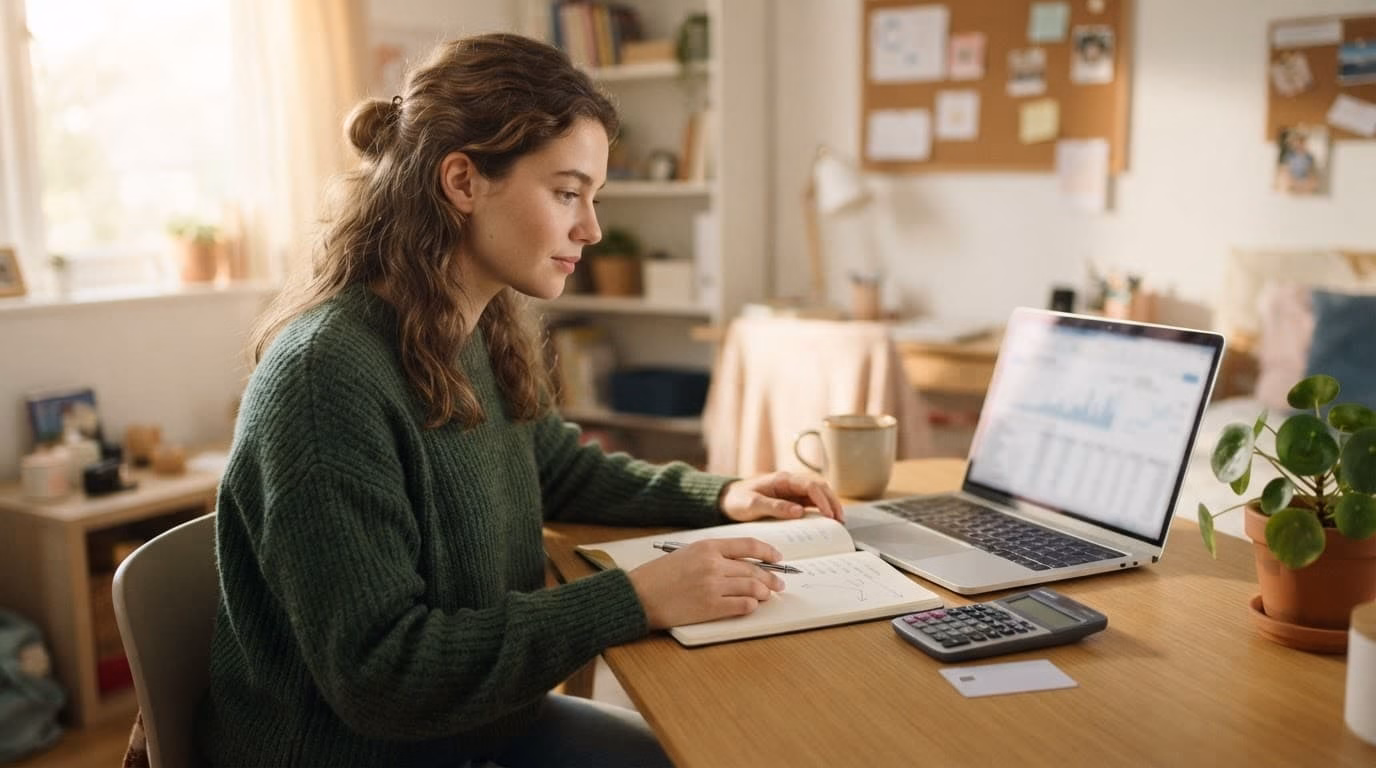A student reviews a budget with a notebook, calculator, bank card, and laptop.
