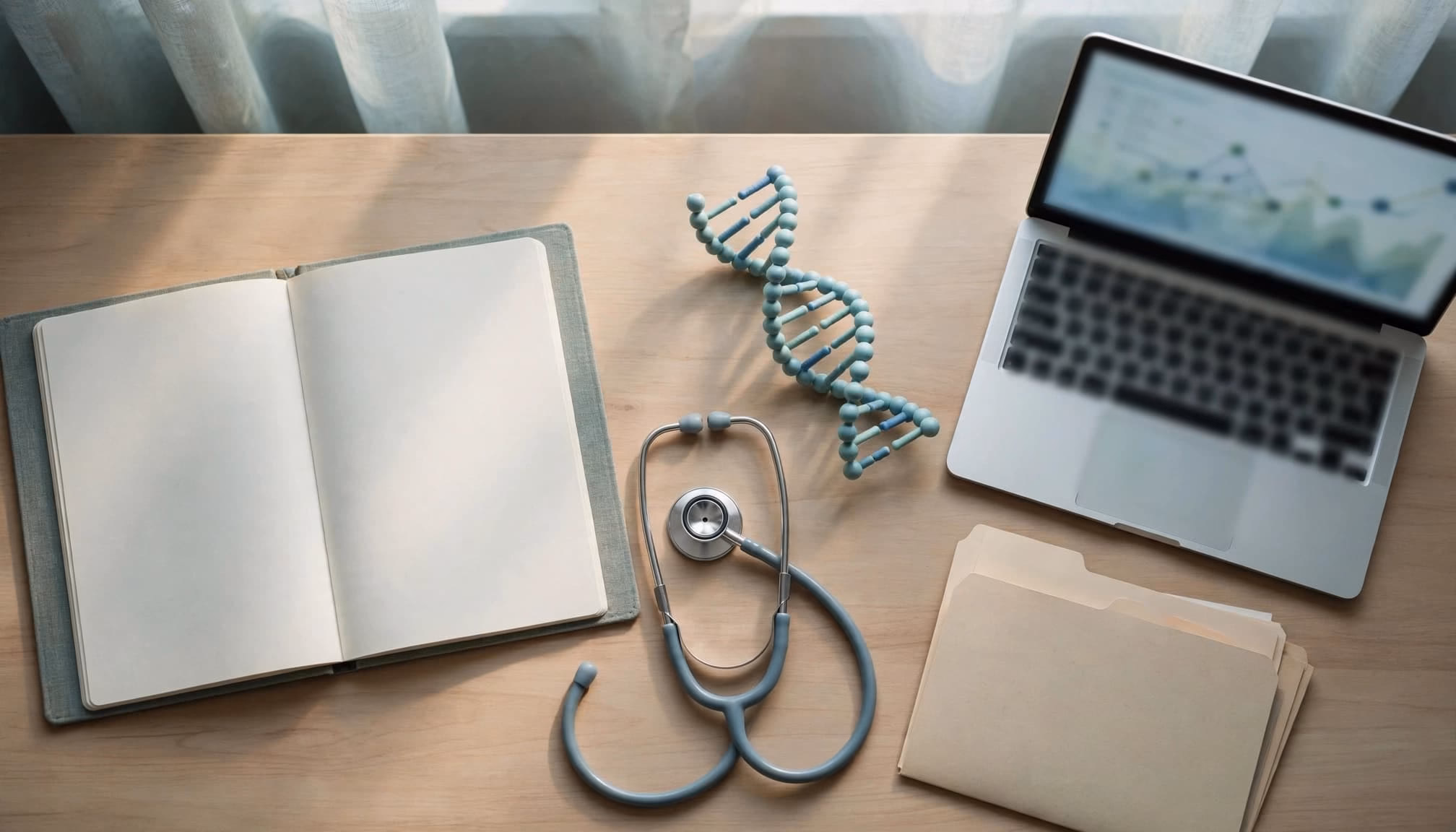 An open notebook surrounded by biology, healthcare, data, and law career symbols.