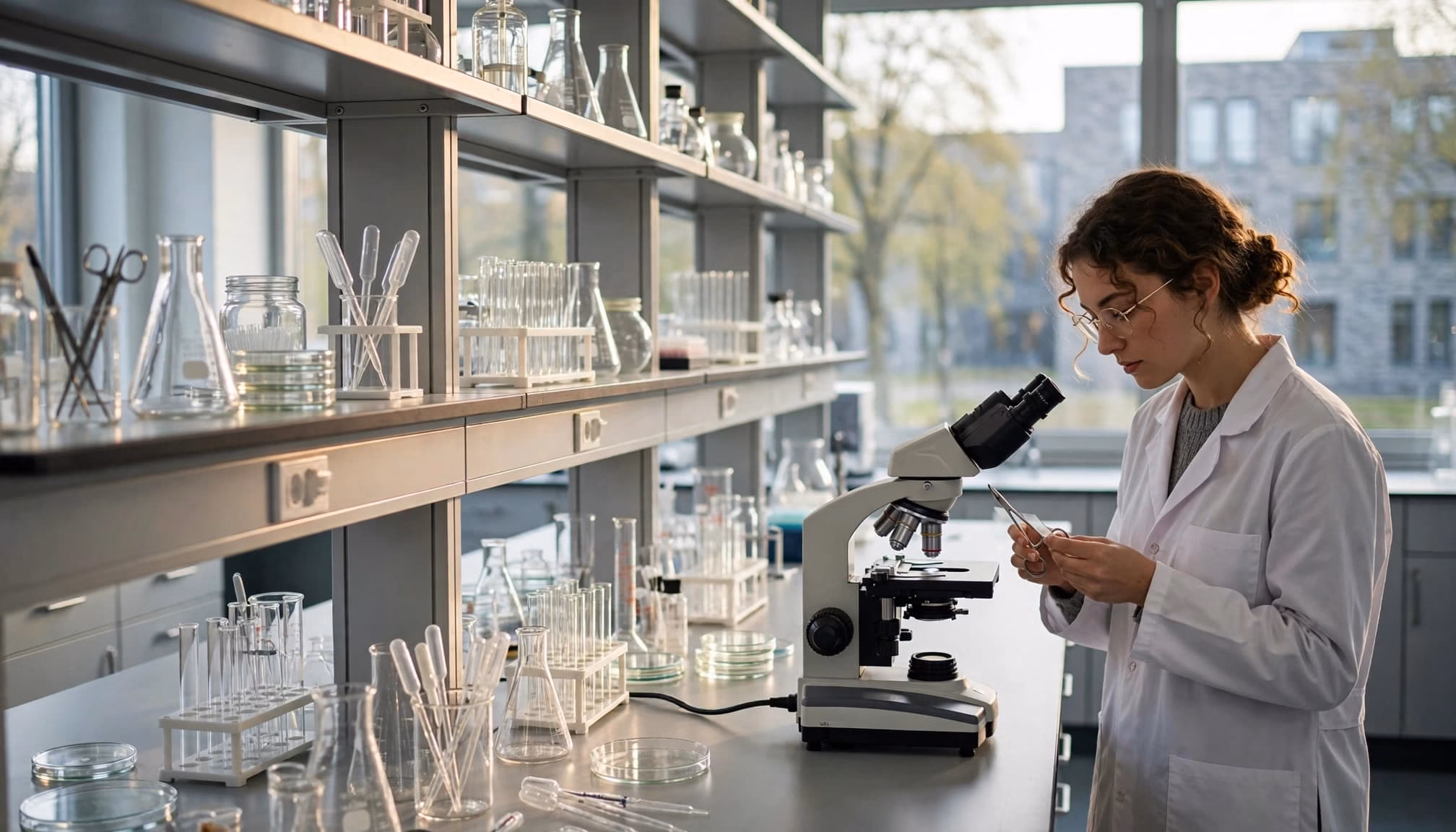 A biology student reviews samples beside a microscope in a university laboratory.