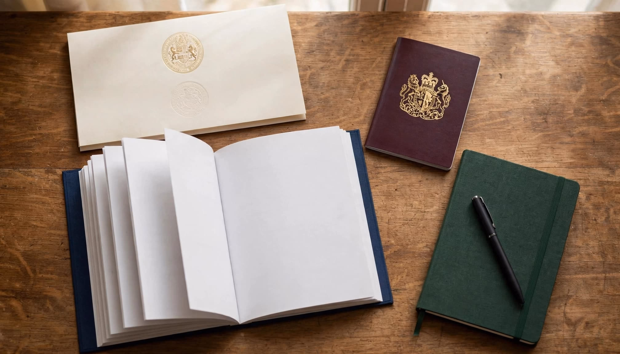 A transcript, syllabus, passport, notebook, and pen arranged on a wooden table.
