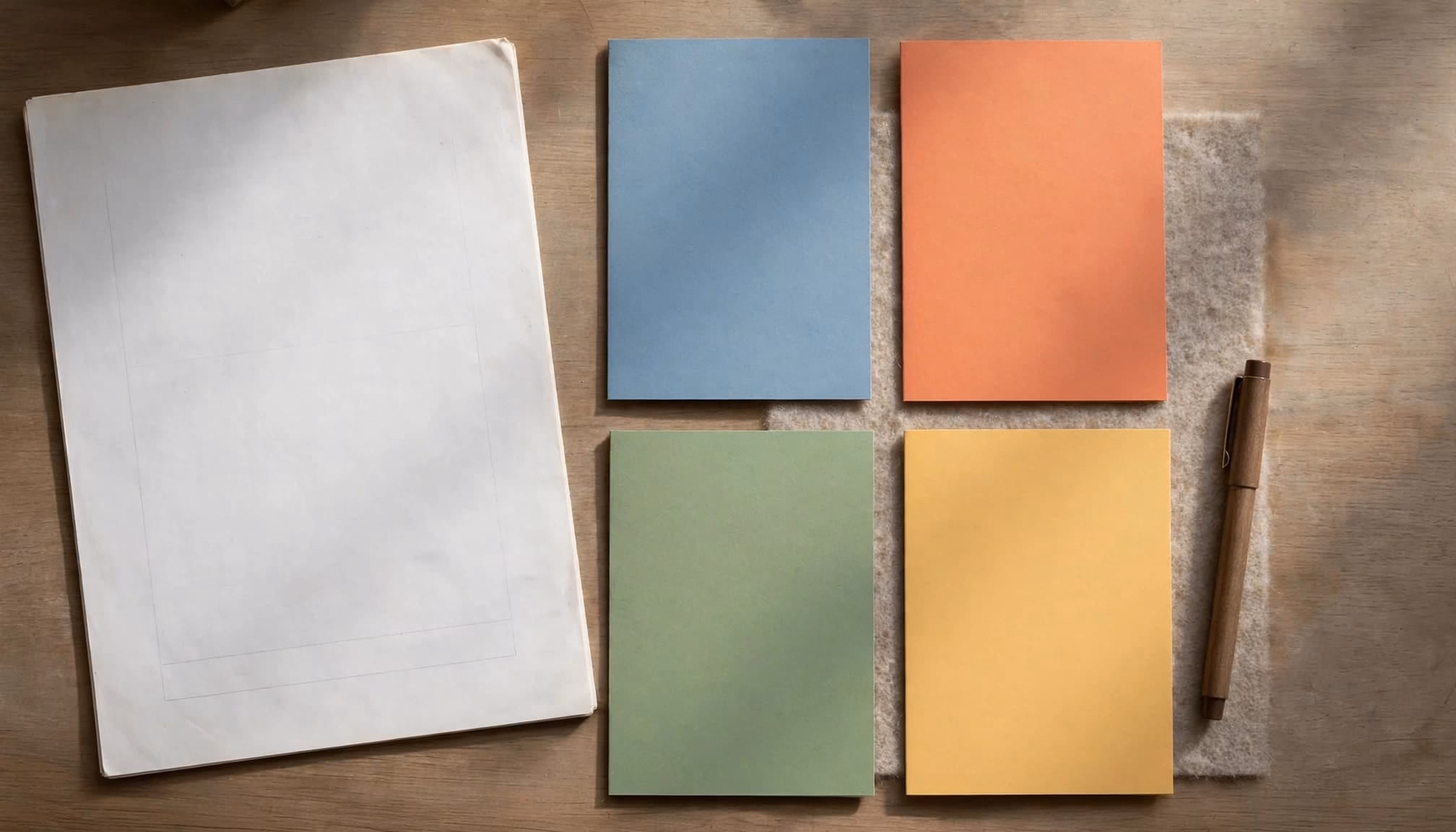 Blank essay page with colored planning cards and a pen on a study table.