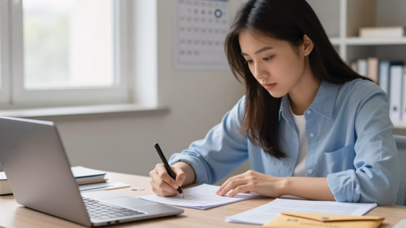 Student writing an appeal letter beside a laptop and deadline calendar.