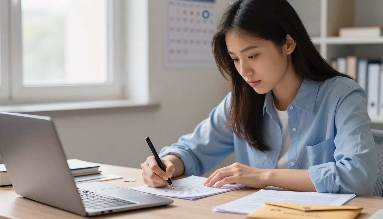 Student writing an appeal letter beside a laptop and deadline calendar.