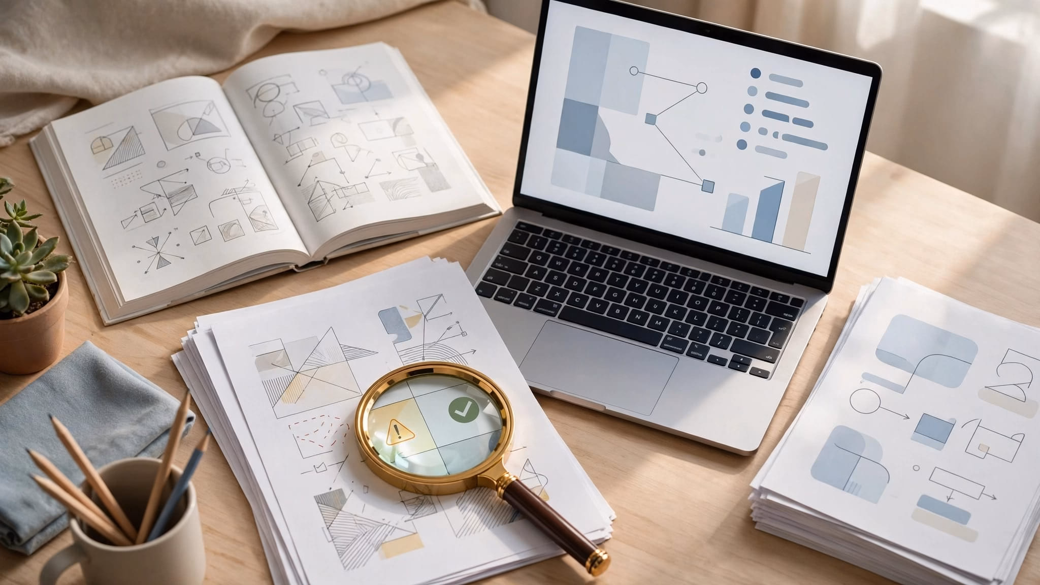 A magnifying glass highlights a mismatch between laptop notes and printed study materials.