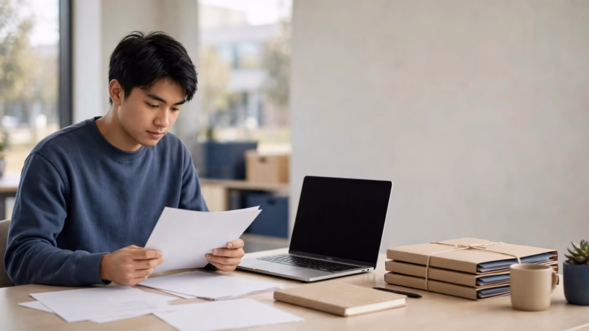 A student reviews assignment drafts and evidence folders beside a laptop.