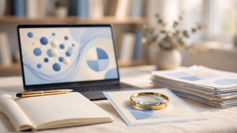 A notebook, pen, laptop, and magnifying glass arranged on a research desk.