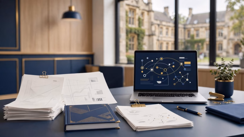 University transfer documents and a laptop sit on a bright admissions office desk.