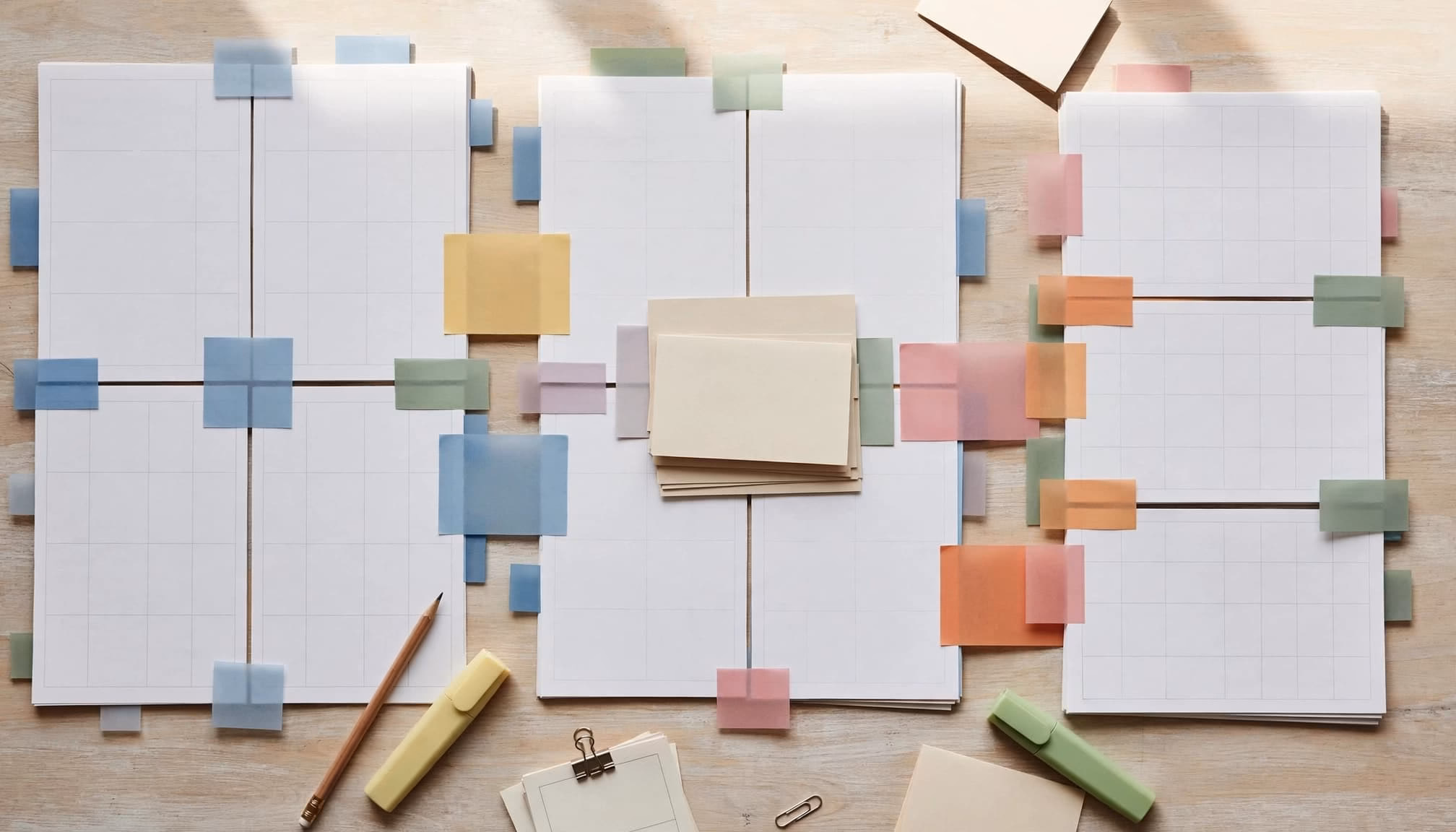 Journal articles and index cards arranged in clusters with colored tabs, a pencil, and a highlighter.