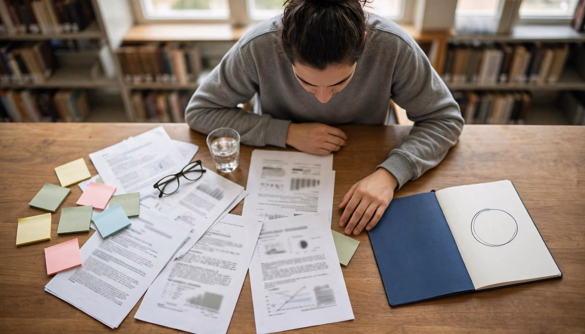 Student arranging papers and sticky notes from broad ideas toward one focused research question.