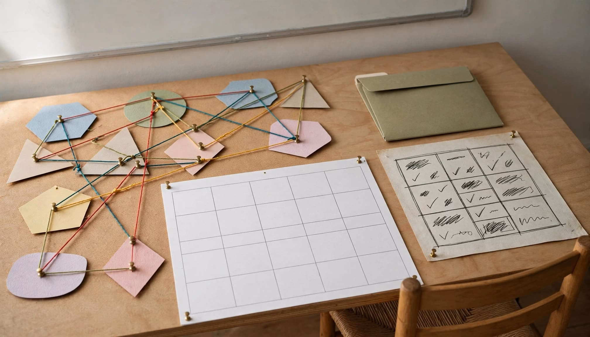 A planning board with coloured connections, a blank calendar, folder, and risk matrix in an empty study room.