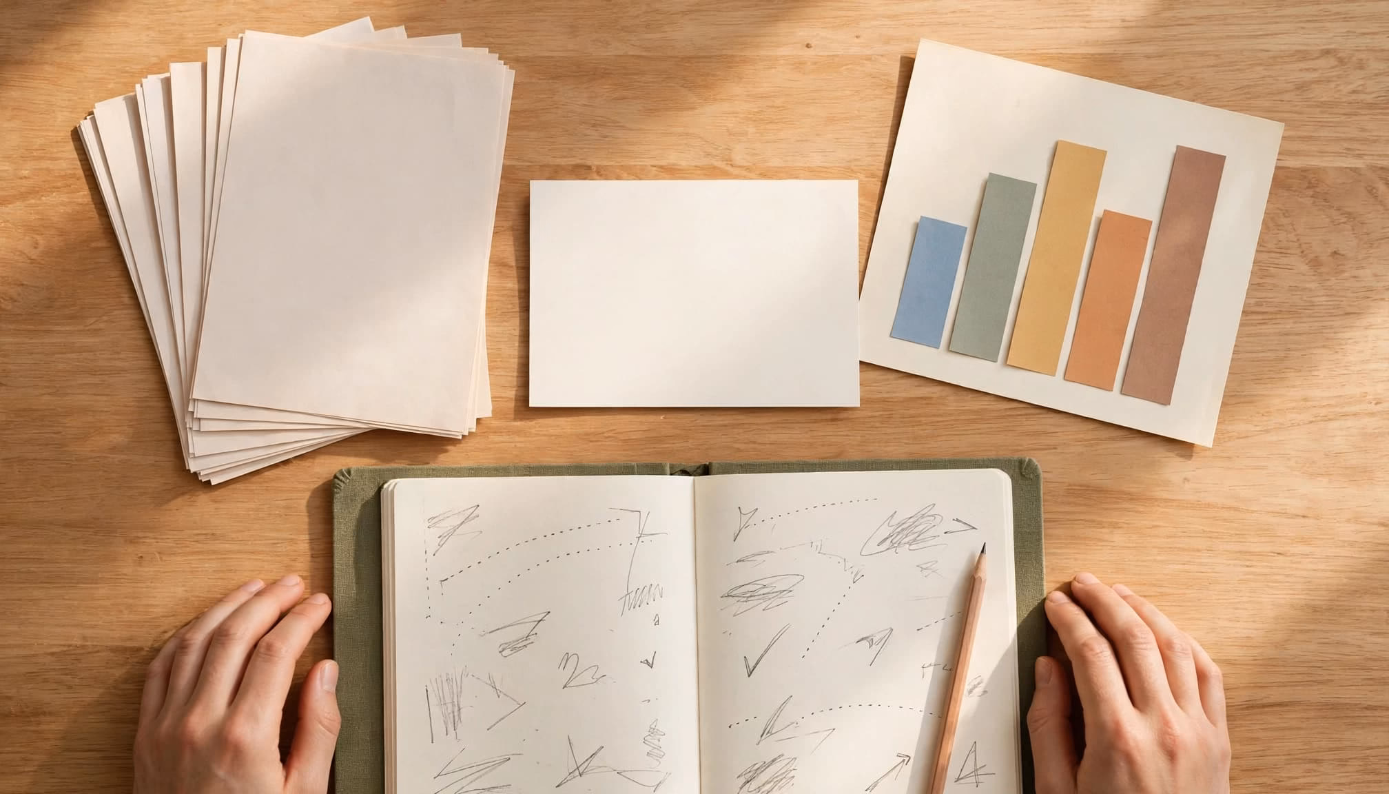Hands frame research papers, a colorful chart, and a fieldwork notebook around a blank card.