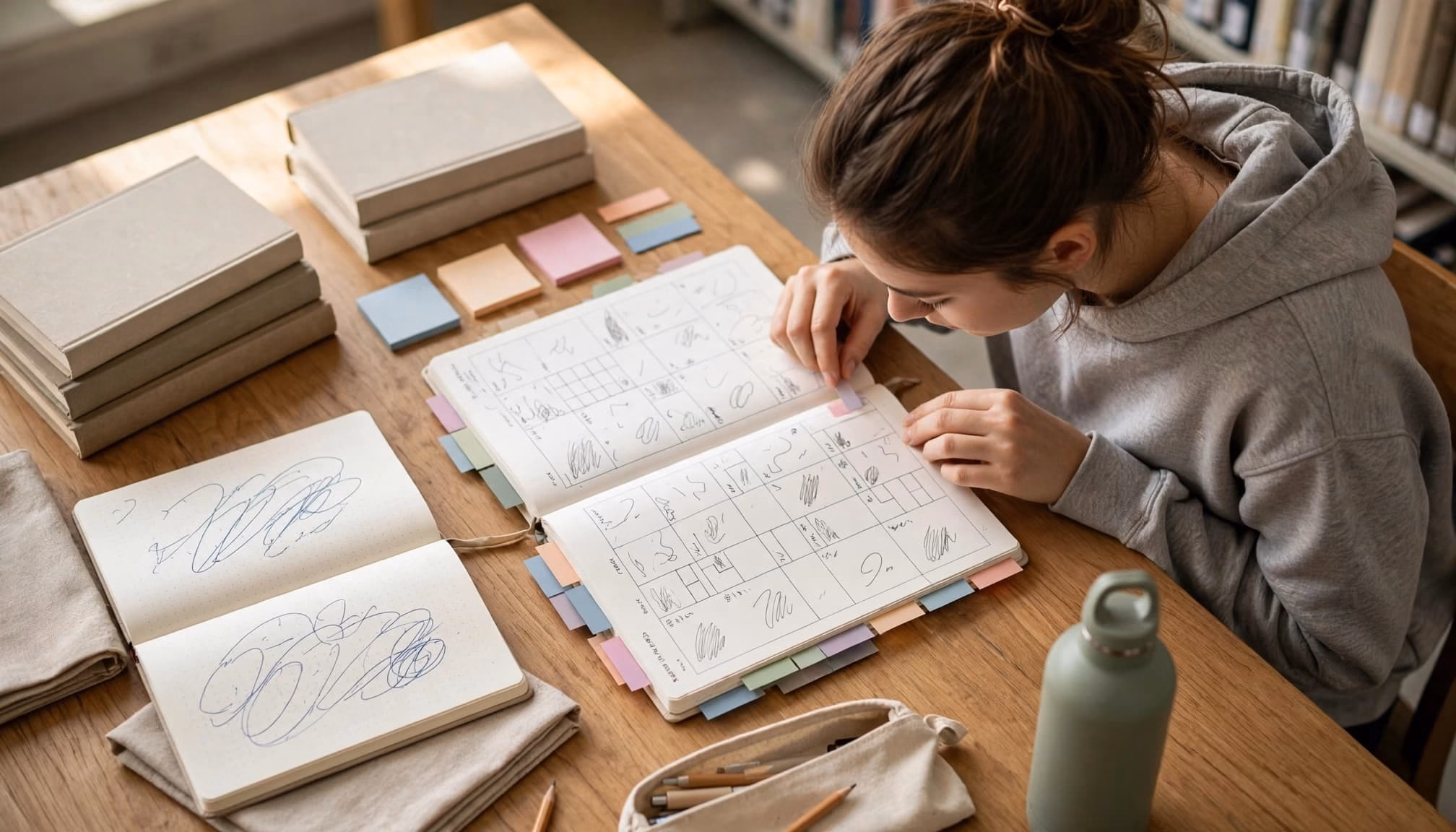 A student arranges a planner, notebook, sticky tabs, books, and water bottle on a library table.