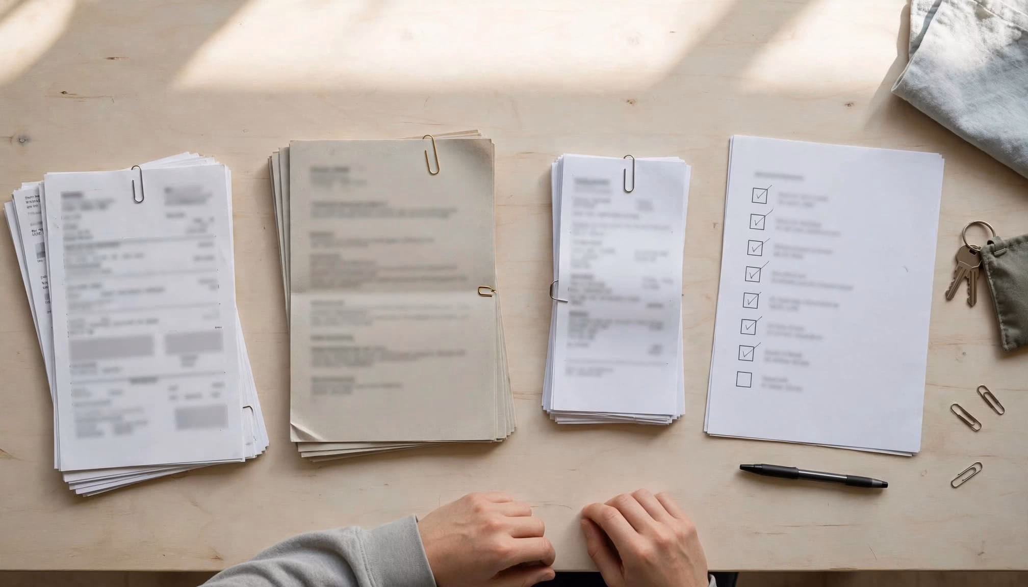 A student arranges appeal documents, payslips, and a checklist on a kitchen table.