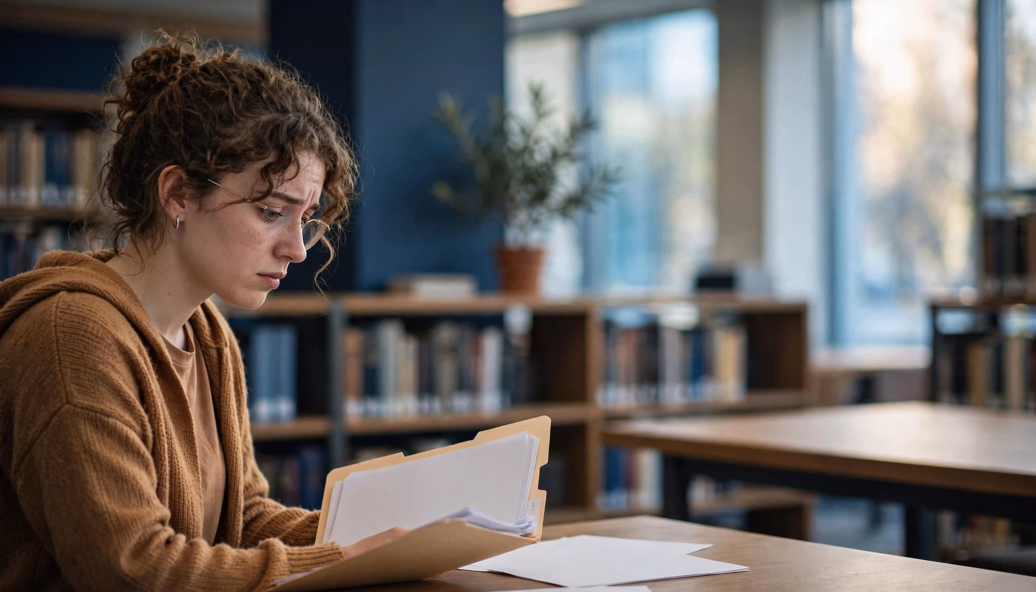A student reviews blank assessment papers alone at a library table.