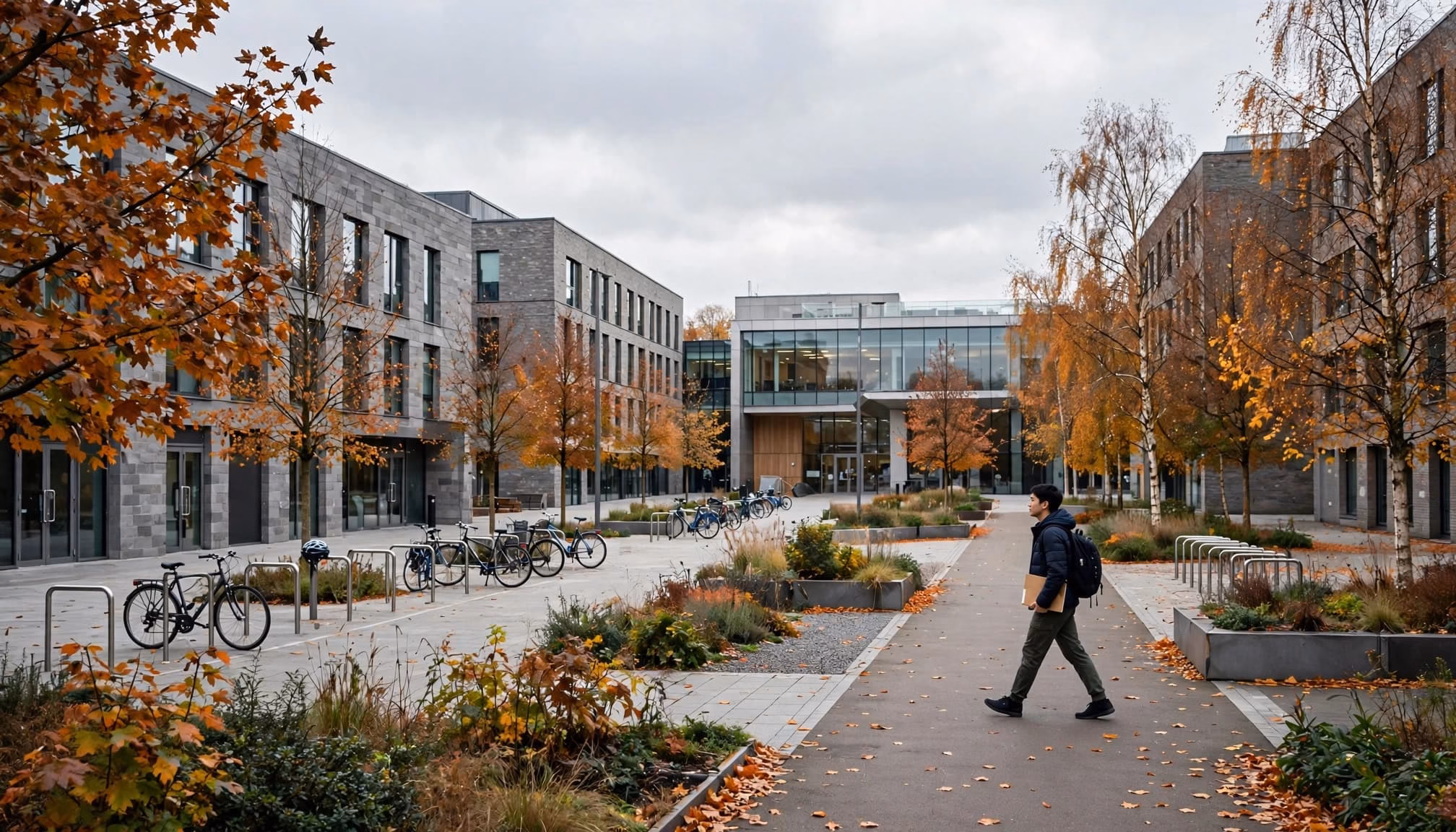 A student carrying a folder and backpack walks through a university courtyard.