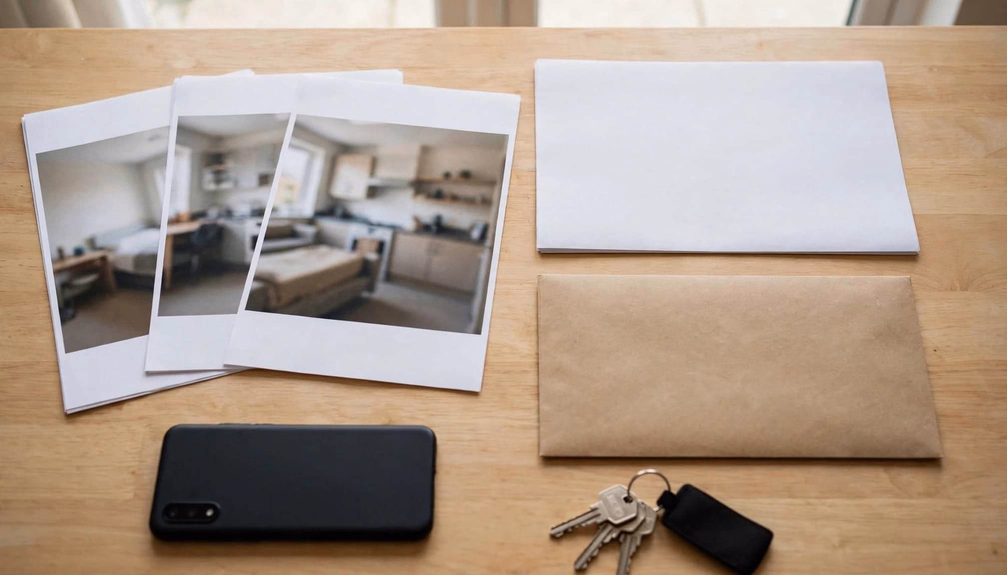 Documents, keys, an envelope, and a phone sit on a kitchen table.