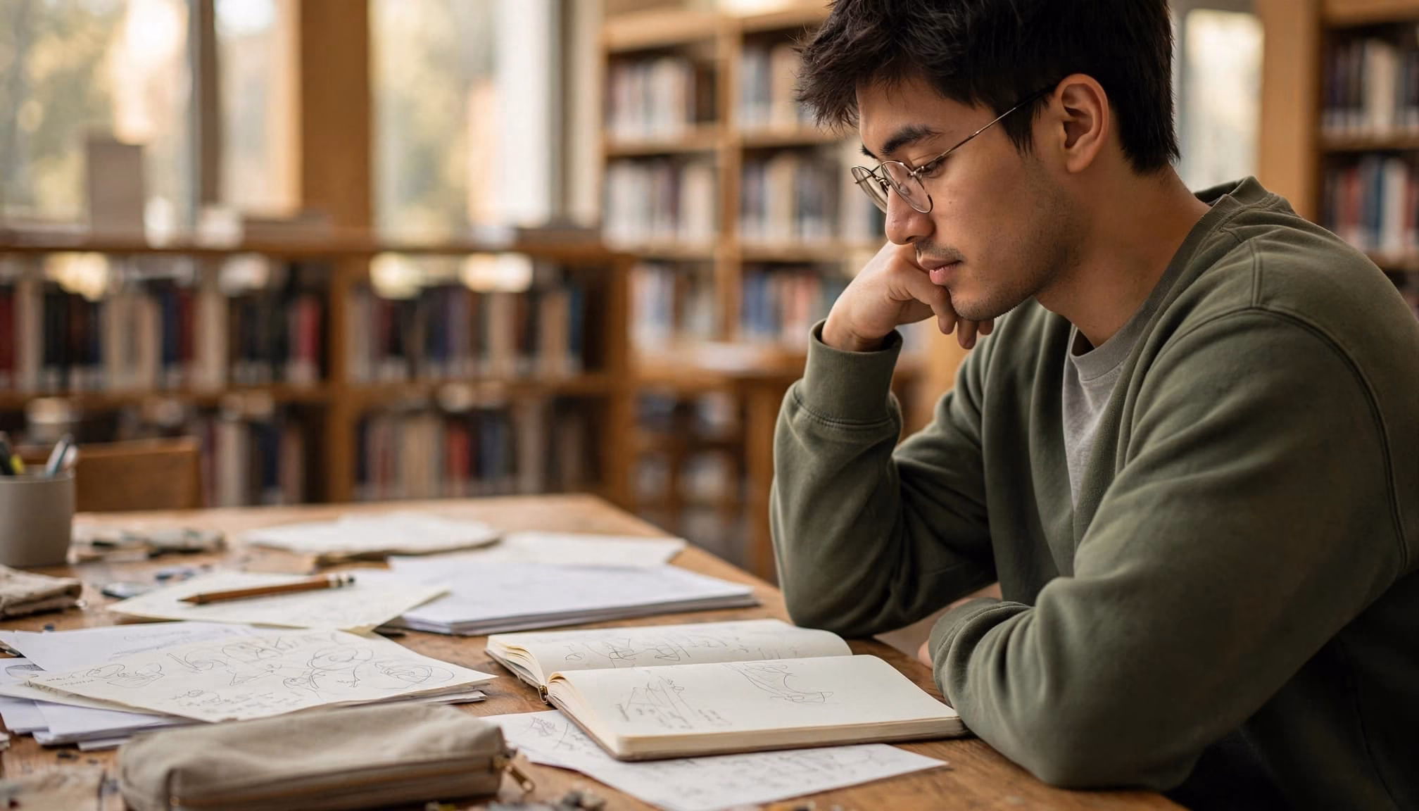 A student reviews an open notebook and essay plan at a library table.